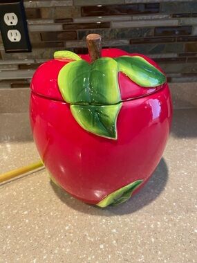 Martha Stewart Glossy Red Apple Ceramic Jar with Green Leaves and Brown Stem